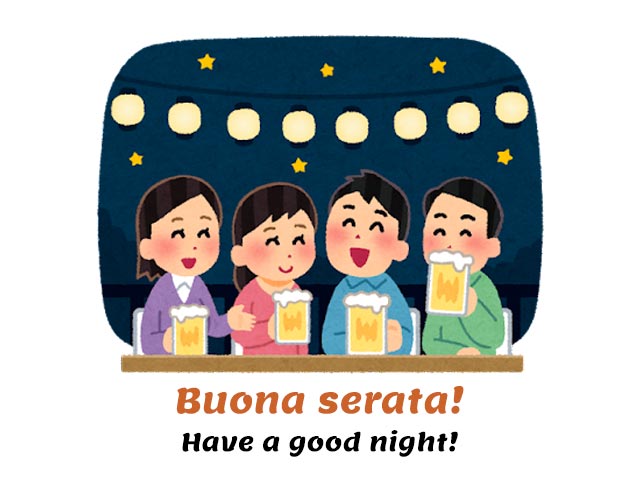 common italian phrases for introductions - buona serata - friends drinking beer together in the evening