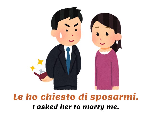 le ho chiesto di sposarmi - to get married in italian - man proposing to a woman, holding a ring behind his back