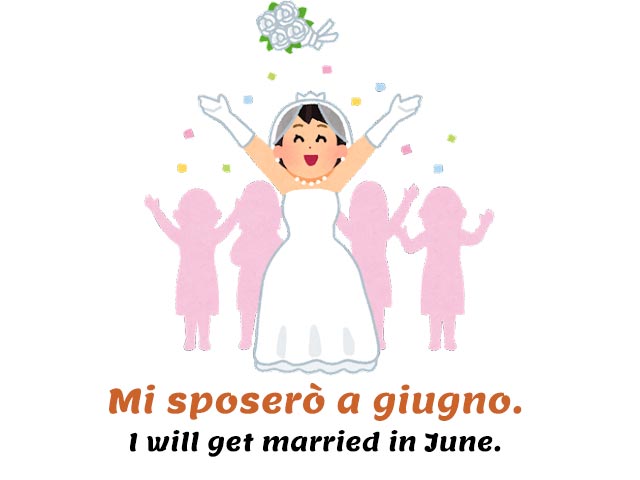 mi sposerò a giugno - to get married in italian - bride throwing a flower bouquet in the air