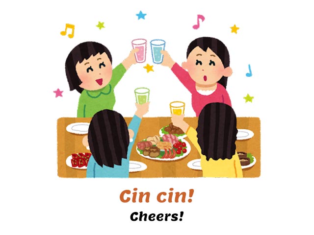 cin cin - cheers in italian - toasting with female friends around a restaurant table