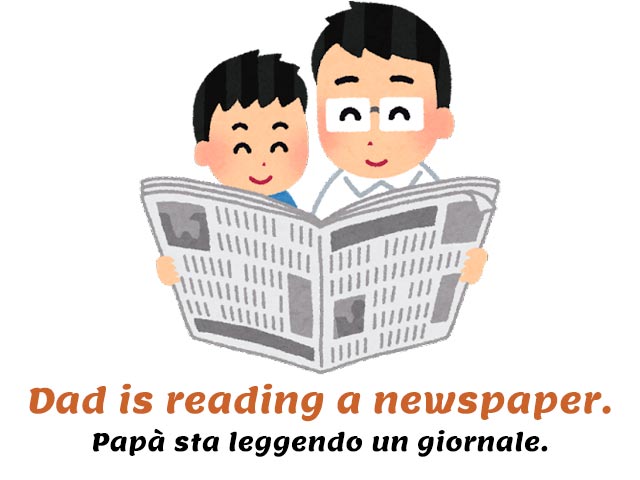 verbo essere in inglese - padre e figlio che leggono un quotidiano e sorridono