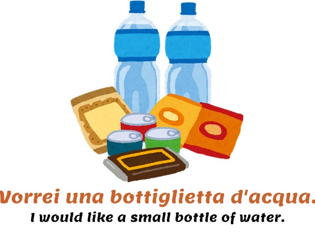 common Italian phrases for ordering a coffee - water bottles, cans and a chocolate bar