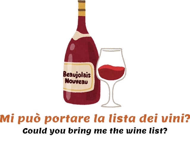 common Italian phrases to use at the restaurant - bottle of red wine and a glass