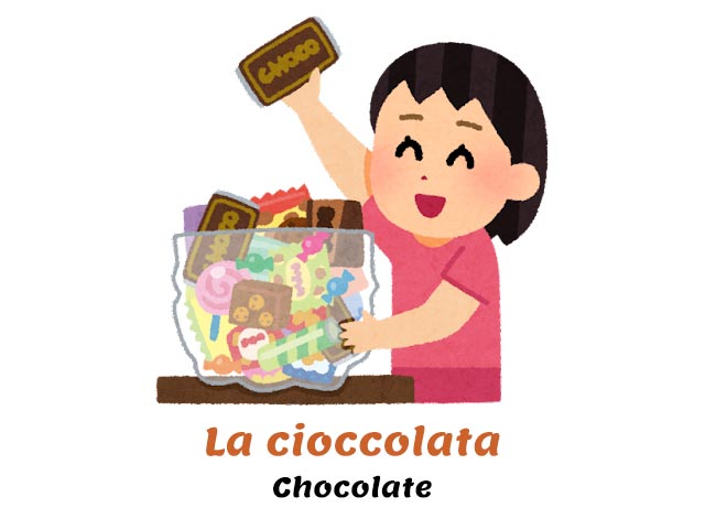 happy kid holding a bar of chocolate in her hand - how do you say chocolate in italian