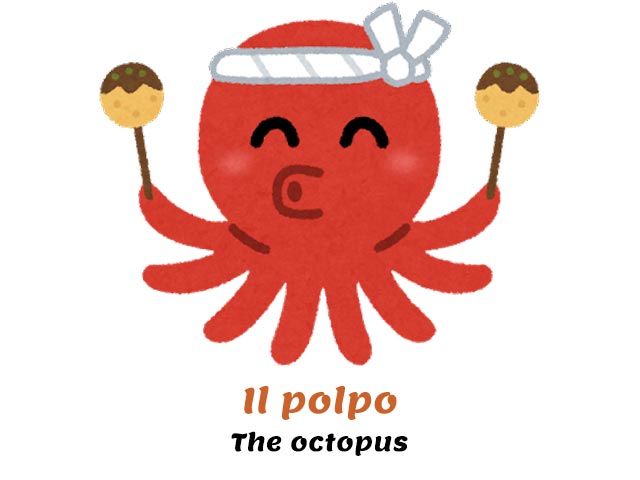 red, smiling octopus holding two takoyaki