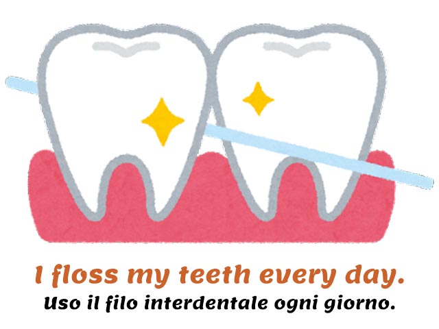 filo interdentale che passa tra due denti pulendoli