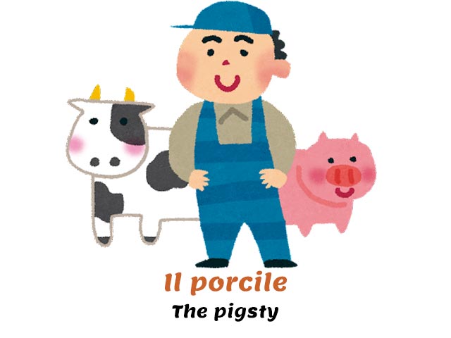 farmer with a pig and a cow