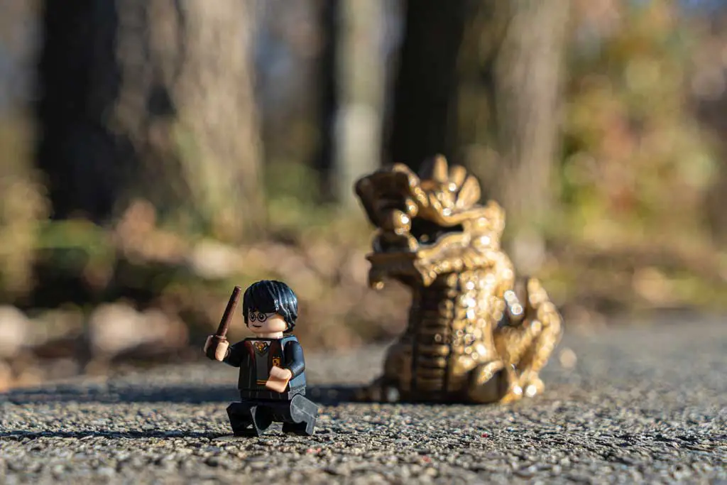 harry potter lego figure and a dragon